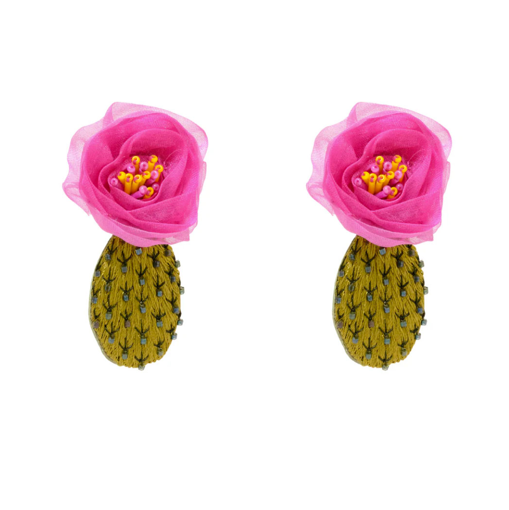 Mignonne Gavigan Embroidered and Beaded Cactus Flower Earrings